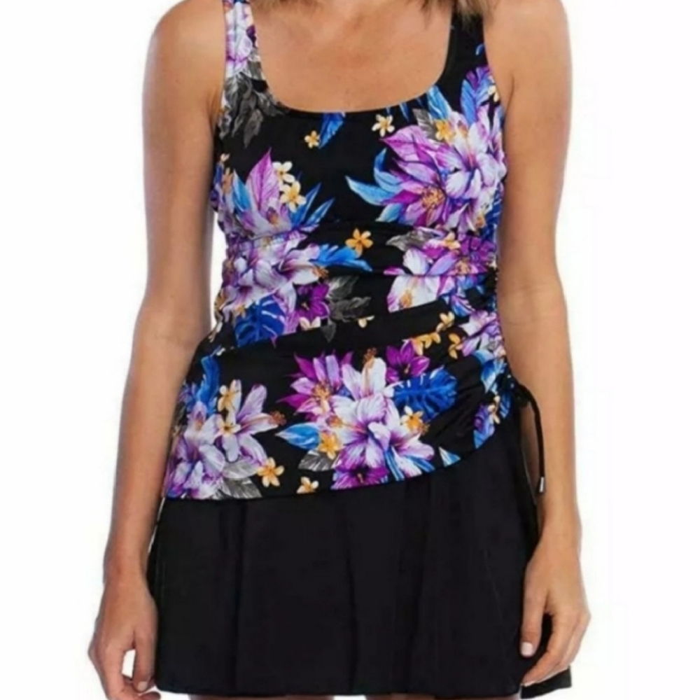 Rose Marie Reid Womens Sz M Swimsuit Floral Tummy Control One Piece Skirted.Pi
